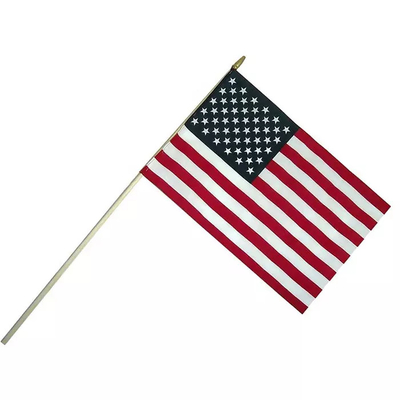 Les drapeaux américains tenus dans la main personnalisés ont tricoté le polyester avec Polonais blanc